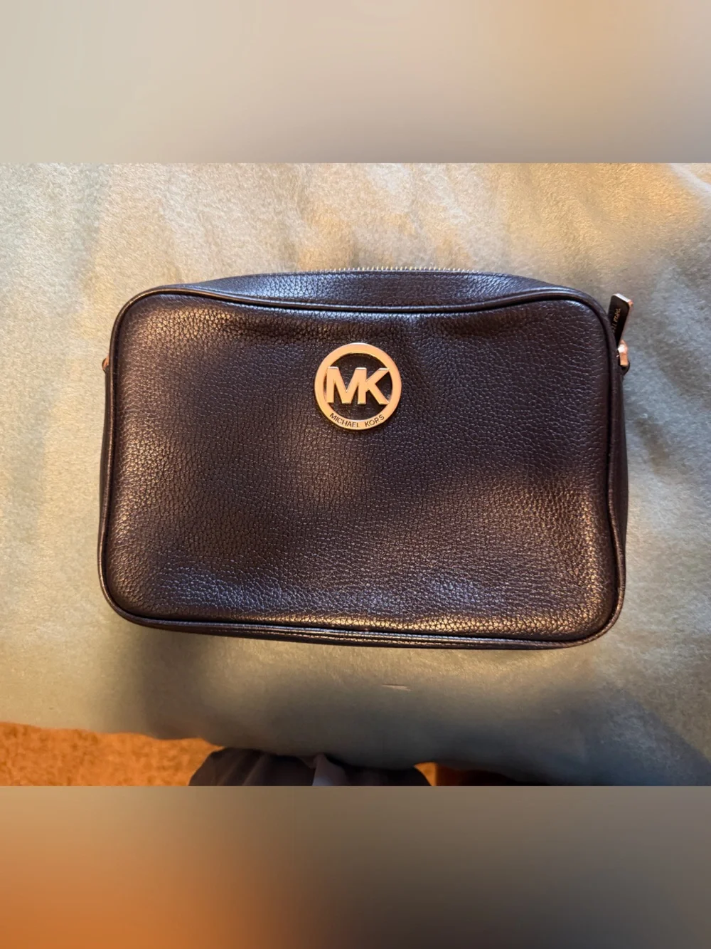 Michael Kors Black Pebbled Leather Toiletry Bag with Gold MK Emblem